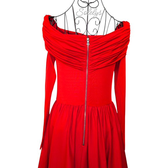 Alice + Olivia Chara Flared Midi Dress Off the Shoulder Bright Ruby Red 4 - Picture 9 of 16